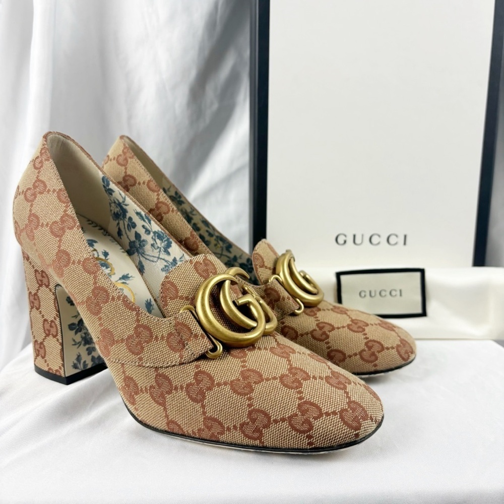 Gucci GG Marmont Beige Ruggine Victoire 95mm Loafer Block Heel Pumps EU 39.5 - Picture 2 of 11